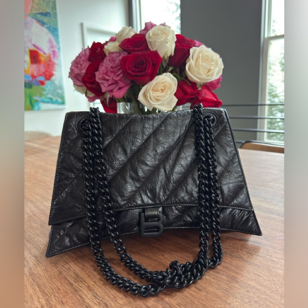 BALENCIAGA Crush Medium Black Quilted Leather Shoulder Bag